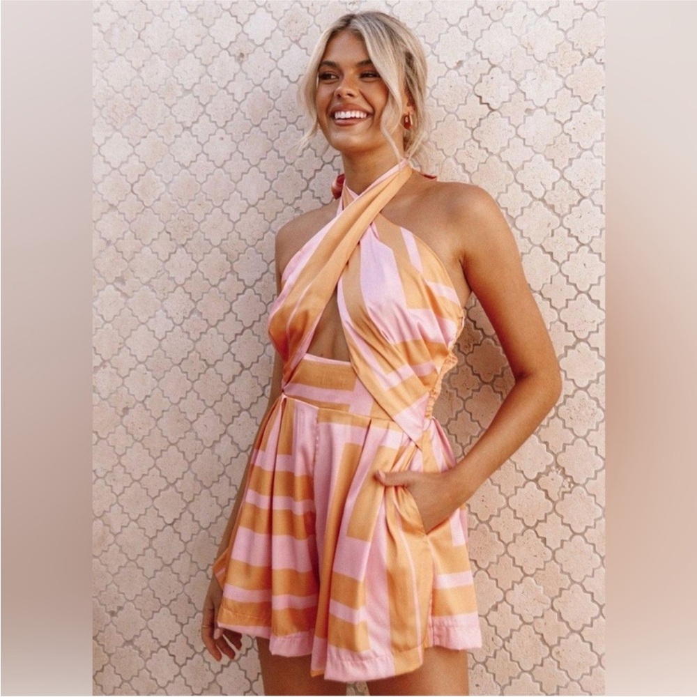 PRIMROSE HALTER ROMPER - PINK ORANGE